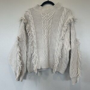 Leith Cable Knit Sweater Cream Oatmeal Fringe Boho Women's Size XL